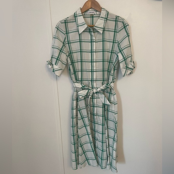 Calvin Klein White and Green Plaid A Line Shirt Dress Hidden Pockets 50’s style - Picture 2 of 10